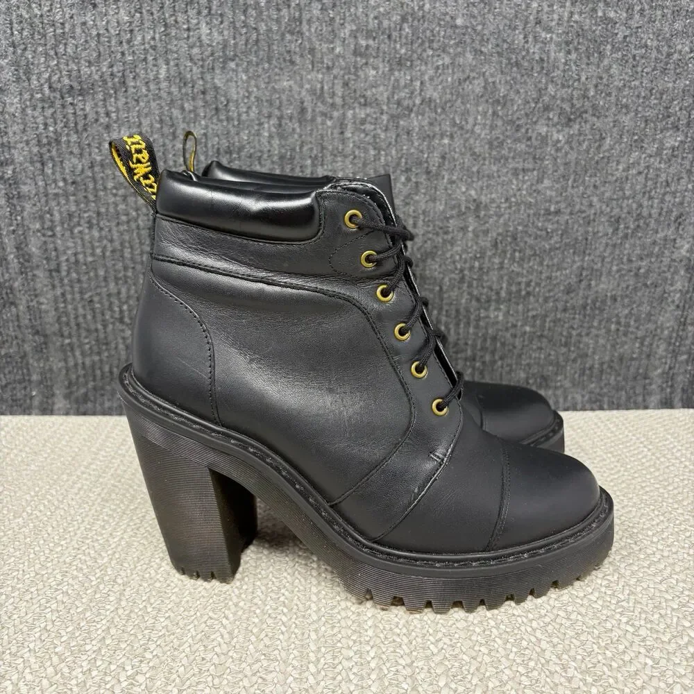 Dr. Martens Averil Lace Heeled Chunky Ankle Boots Black Leather Women’s 7 US